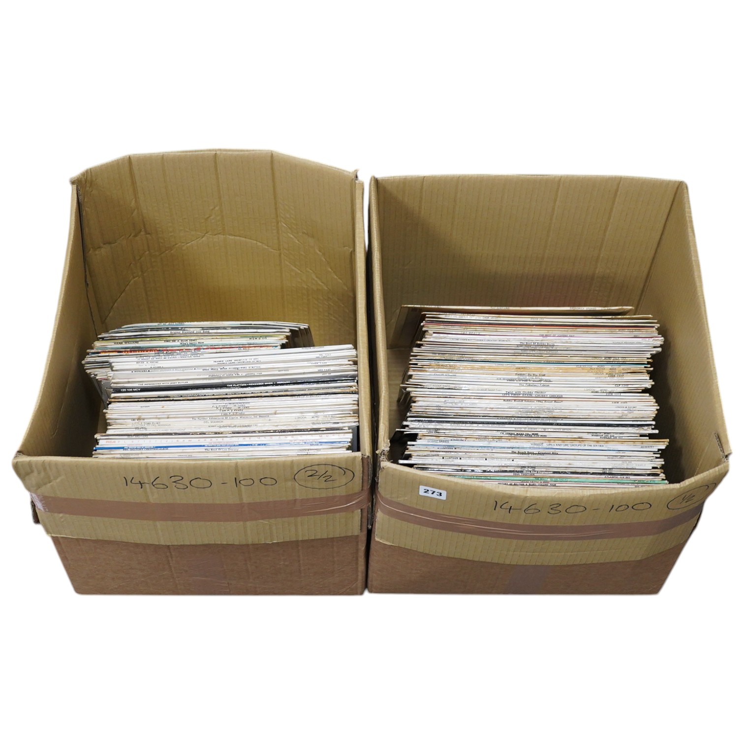 Two boxes of LP record albums, including a selection of 10 inch albums, compilations, including Soul compilations, Rhythm and Blues, etc., artists include; Gene Pitney, Lee Dorsey, Dinah Washington, Frankie Laine, Hank W